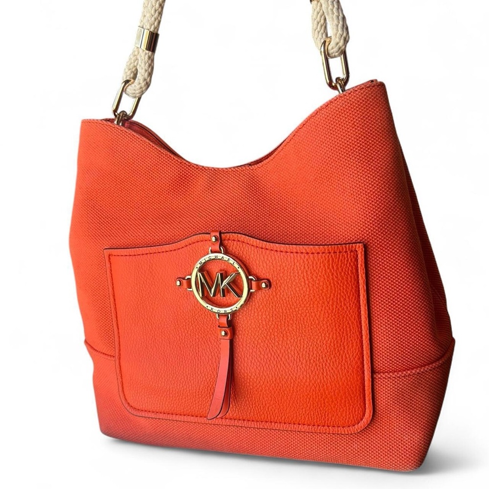 Michael Kors Coral Orange Rope Handle Tote Shoulder Bag Gold MK Medallion